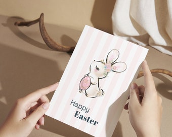 Instant download happy Easter greeting cards for family, Bunny printable card, Rabbit Postcard, Colorful Spring Greeting Card For Friends