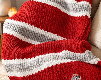 Ohio Football Blanket: Chunky Knit Red and Gray Chenille Throw