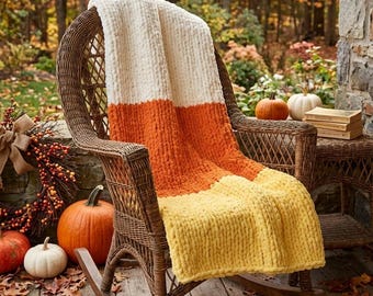 Fall candy corn chunky knit blanket/ halloween gift/ Fall decor/