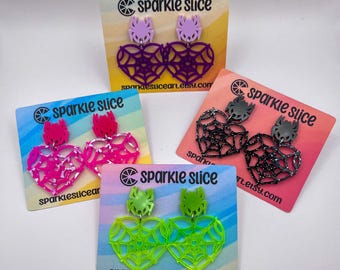 Spider Web Dangle Earrings: Spooky Halloween Heart Earrings