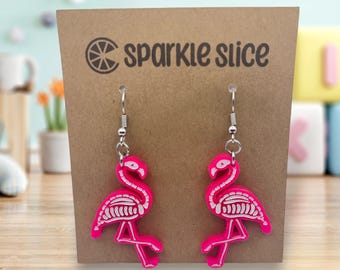 Pink Flamingo Skeleton Dangle Earrings - Summerween