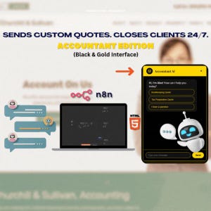 Può includere: Una pubblicità per Accountant AI, con un'interfaccia nera e oro. L'immagine include un laptop, fumetti e uno smartphone che mostra un'interfaccia chatbot. Il testo include "Sends Custom Quotes. Closes Clients 24/7."
