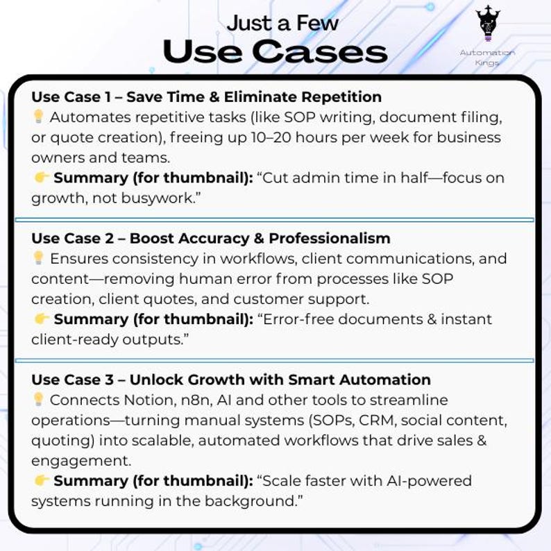 May include: A graphic with the title "Just a Few Use Cases" and three sections detailing automation benefits. The sections highlight saving time, boosting accuracy, and unlocking growth through smart automation. Each section includes a summary.