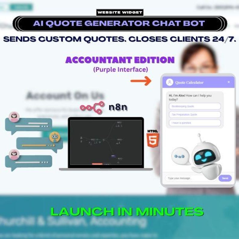 May include: An advertisement for an AI quote generator chat bot. The text reads "AI Quote Generator Chat Bot" and "Sends custom quotes. Closes clients 24/7." The image includes a laptop, chat bubbles, and a robot.