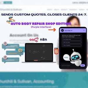 Puede incluir: Imagen promocional para una edici&oacute;n de taller de reparaci&oacute;n de carrocer&iacute;as. La imagen presenta un tel&eacute;fono inteligente con una interfaz de chat, un port&aacute;til y burbujas de di&aacute;logo. El texto incluye "SENDS CUSTOM QUOTES. CLOSES CLIENTS 24/7." y "AUTO BODY REPAIR SHOP EDITION (Purple Interface)."