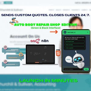 May include: A website interface with the text "AUTO BODY REPAIR SHOP EDITION" and a green and black color scheme. A cartoon robot is displayed on a mobile device. The text "LAUNCH IN MINUTES" is also visible.