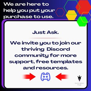 Puede incluir: Un gr&aacute;fico promocional con el texto "Estamos aqu&iacute; para ayudarte a usar tu compra" y "Solo pregunta". Invita a los espectadores a unirse a una comunidad de Discord para obtener soporte, plantillas gratuitas y recursos. La imagen incluye un logotipo de Discord y "Automation Kings."