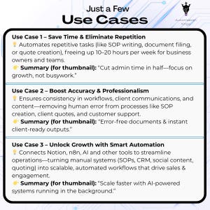 May include: A graphic with the title "Just a Few Use Cases" and three sections detailing automation benefits. The sections highlight saving time, boosting accuracy, and unlocking growth through smart automation. Each section includes a summary.