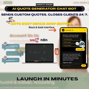 May include: A digital interface for an AI quote generator chat bot. The interface is black and gold, with the text "AI QUOTE GENERATOR CHAT BOT" and "AUTO BODY REPAIR SHOP EDITION". A laptop and phone display the bot's functions.