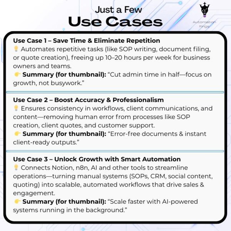 Puede incluir: Un gr&aacute;fico titulado "S&oacute;lo unos pocos casos de uso" que presenta tres casos de uso para la automatizaci&oacute;n. Las secciones detallan el ahorro de tiempo, la mejora de la precisi&oacute;n y el potencial de crecimiento. Cada secci&oacute;n incluye un resumen.