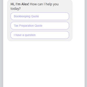 May include: A digital interface for a quote calculator. The interface features a purple header with the text "Quote Calculator". The main section includes a greeting from Alex and options for bookkeeping, tax preparation, and general inquiries. A text input field and a "Send" button are at the bottom.