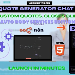 Puede incluir: Gr&aacute;fico digital que promociona un chatbot generador de cotizaciones de IA para servicios de carrocer&iacute;a. La imagen incluye una computadora port&aacute;til, una tableta que muestra una interfaz de chat y un mec&aacute;nico de dibujos animados. El texto incluye "Env&iacute;a cotizaciones personalizadas."