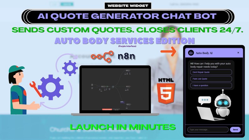 Puede incluir: Gr&aacute;fico digital que promociona un chatbot generador de cotizaciones de IA para servicios de carrocer&iacute;a. La imagen incluye una computadora port&aacute;til, una tableta que muestra una interfaz de chat y un mec&aacute;nico de dibujos animados. El texto incluye "Env&iacute;a cotizaciones personalizadas."