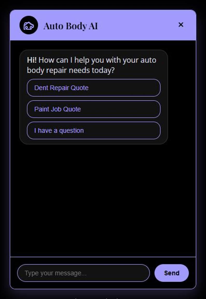 Puede incluir: Interfaz de aplicaci&oacute;n m&oacute;vil con un esquema de color p&uacute;rpura y negro. La aplicaci&oacute;n, llamada "Auto Body AI", ofrece opciones para presupuestos de reparaci&oacute;n de abolladuras, presupuestos de pintura y preguntas generales. Tambi&eacute;n se ven un campo de entrada de texto y un bot&oacute;n "Enviar".