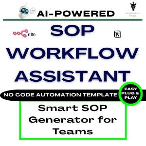 Könnte beinhalten: Ein Bild mit dem Text "AI-POWERED SOP WORKFLOW ASSISTANT". Das Bild enthält auch den Text "NO CODE AUTOMATION TEMPLATE" und "Smart SOP Generator for Teams". Ein grüner Kreis mit den Worten "EASY PLUG & PLAY" ist ebenfalls vorhanden.