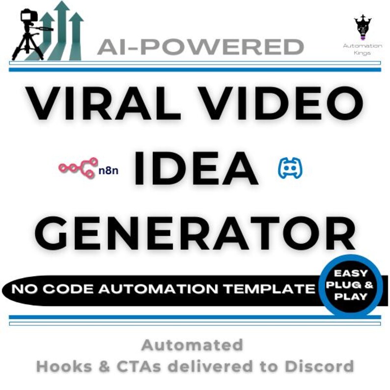 May include: An image with the text "AI-POWERED VIRAL VIDEO IDEA GENERATOR." The design includes a video camera icon, upward-pointing arrows, and the phrase "NO CODE AUTOMATION TEMPLATE." A circle reads "EASY PLUG & PLAY."