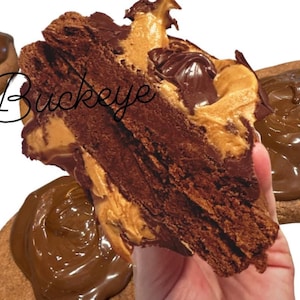 May include: A close-up of a chocolate peanut butter buckeye, a popular Ohio treat. The buckeye is made with a chocolate base and a peanut butter filling, and is topped with a chocolate drizzle. The buckeye is being held in a hand, and the word "Buckeye" is written in black text on the image.