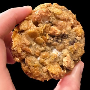 May include: A close-up of a golden brown cookie with a crispy texture. The cookie is made with cereal, marshmallows, and chocolate chips.