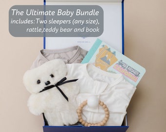 Bamboo Sleeper Bundles Baby Gift Bamboo Gift for Newborns Bamboo Footed Pajamas Baby Rattle Hardcover Baby Books Gender Neutral Baby Shower
