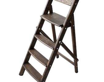 A wooden folding ladder made of oak in two sizes110/130 cm high(43/51inches)for home, kitchen,library,flower stand  interior. Stepladder.