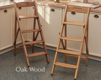 Folding Wooden Step Stool | Solid Oak Ladder Chair | Compact Folding Step Ladder for Kitchen, Library & Home | Handmade Rustic Gift