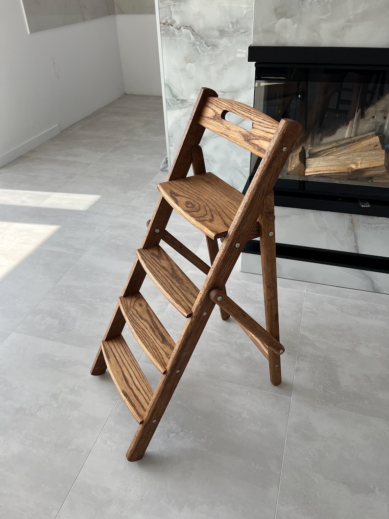 Small Stand Ladder Folding Oak Ladder, Compact Kitchen Stepladder, Folding Library Ladder ...