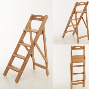 Handmade Solid Oak Folding Ladder – Personalized Wooden Step Stool for Kitchen, Library, Bedroom | Custom Engraving Available