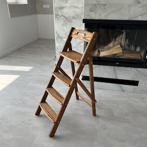 Folding oak ladder, Compact kitchen stepladder, Folding library ladder, Folding stand for flowers and interior , 4-step ladder, Gift ladder.