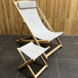 Handmade Folding Wooden Sun Lounger – Solid Oak or Beech | Adjustable Ergonomic Outdoor Deck Chair / Pillow & Footrest | Garden Chair