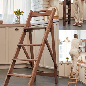 Smal hopfällbar trästege | Pall i massiv ek | Handgjord | 110 cm (43 tum) hög | Robust och elegant stege för hemmet