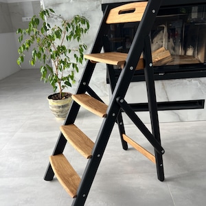 Folding ladder made of natural oak for the kitchen or library, wooden ladder, 4-step rustic ladder, high wooden plant stand, prop for photo