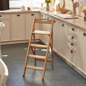 Foldable Wooden Ladder | Solid Oak Step Stool | Handmade | 110 cm(43in)Tall | Sturdy & Elegant Stepladder for Home