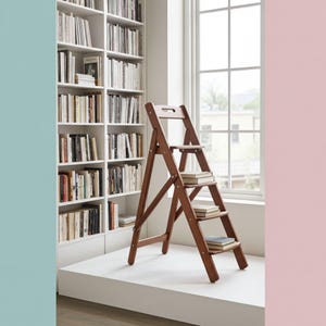 May include: A brown wooden step ladder with three steps, holding books. The ladder has a handle at the top. A white bookshelf filled with books and a window are in the background.