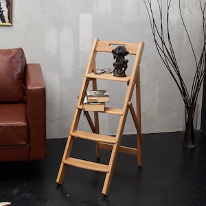 Handmade Wooden Oak Folding Step Ladder – Durable Solid Wood Stepladder for Home and Kitchen | Compact and Portable Design Rustic Ladder
