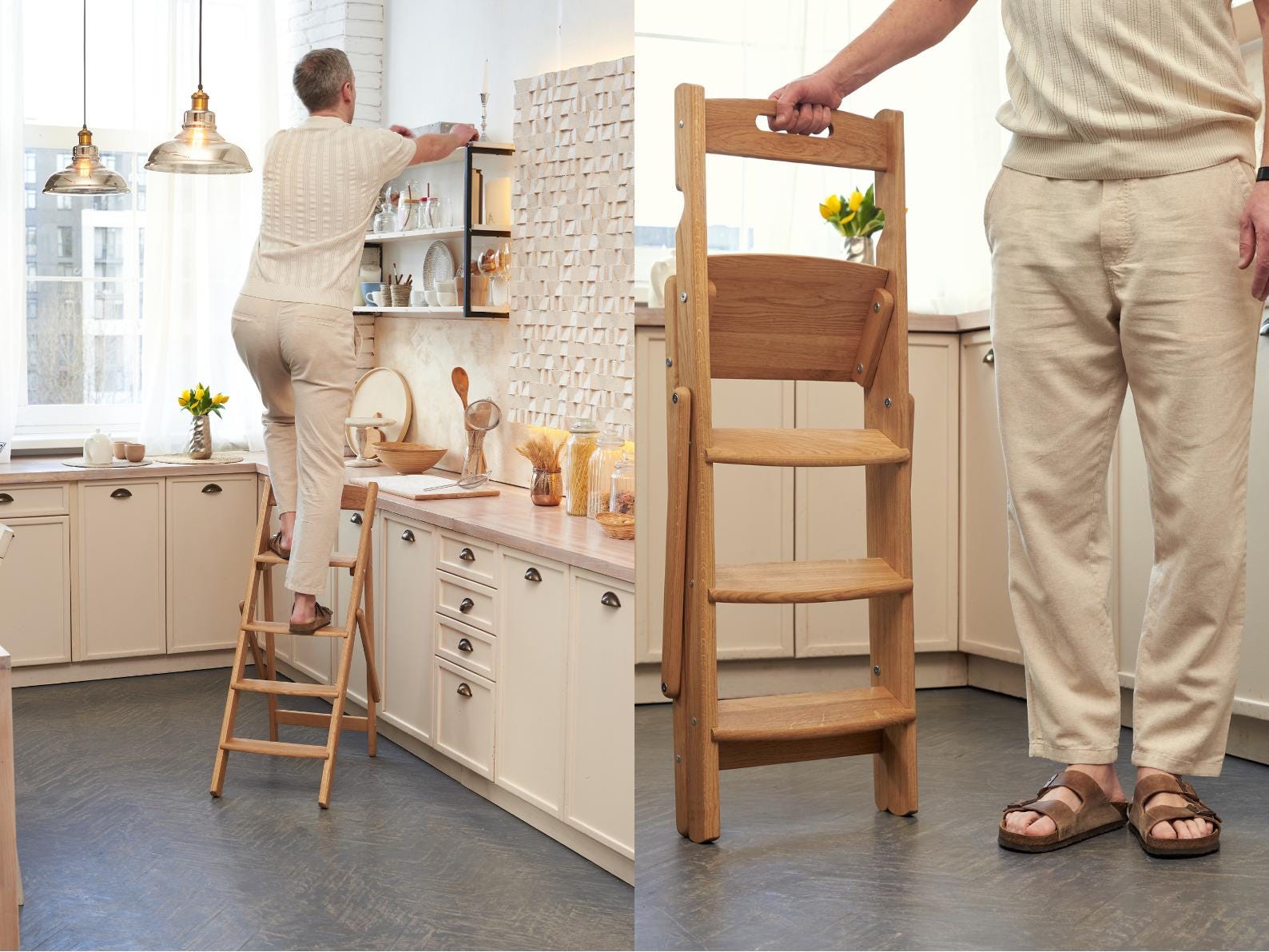 Handmade Wooden Step Stool – Rustic Oak Folding Step Ladder, Farmhouse ...