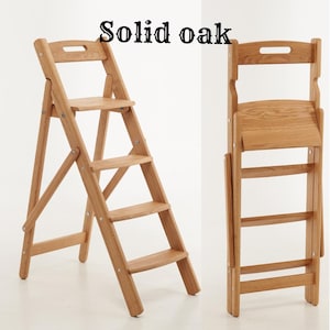 Handmade oak folding ladder for kitchen,library and home.The ladder is strong,reliable and comfortable.Book stand flowers and clothes hanger