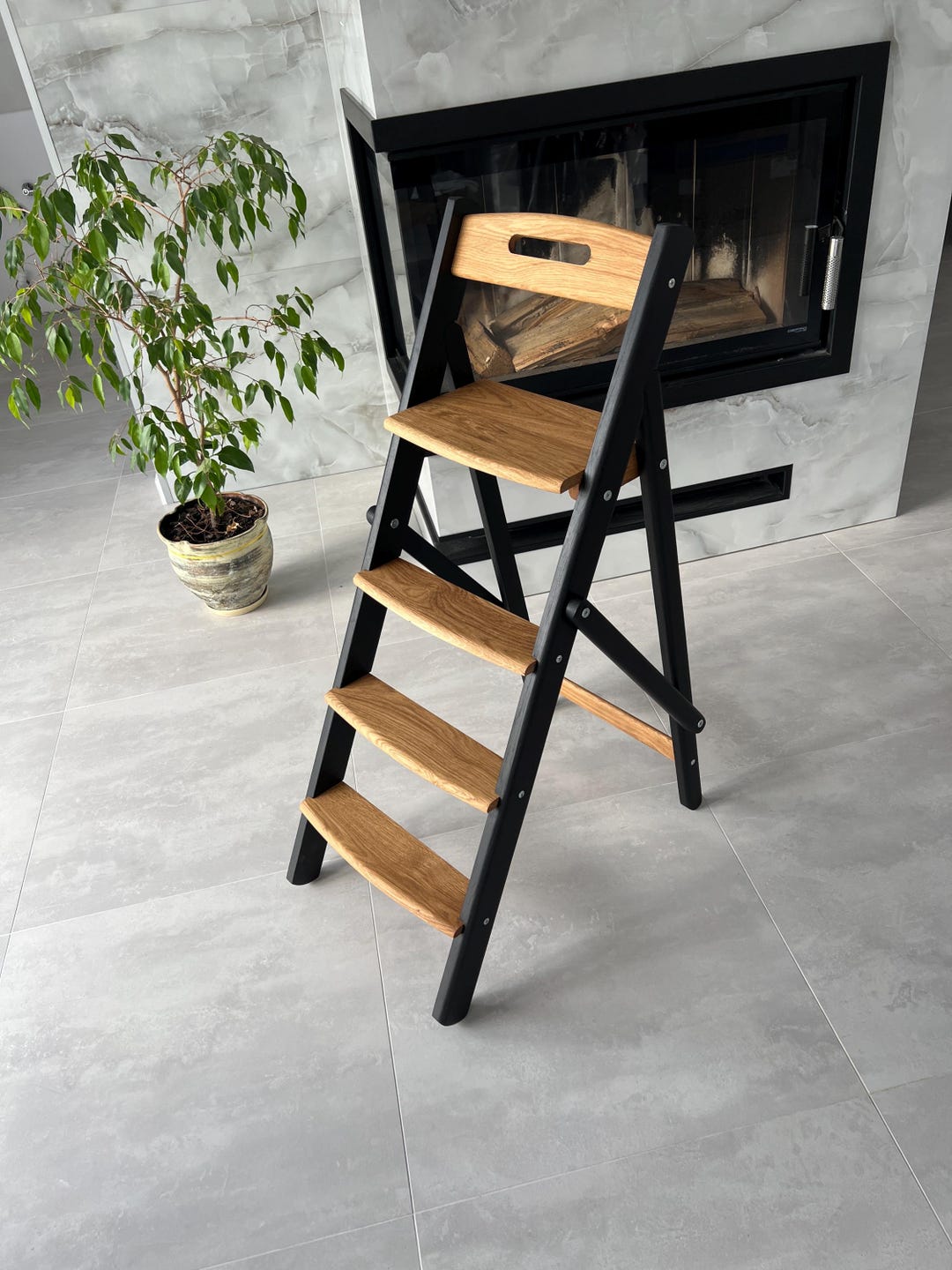 Folding Ladder Made of Natural Oak for the Kitchen or Library, Wooden ...