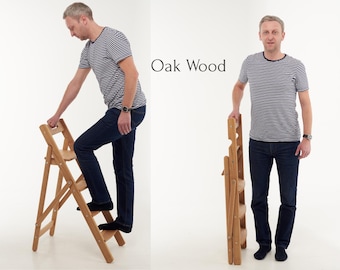 Escalera plegable de madera de roble hecha a mano - Escalera de tijera de estilo vintage ucraniano para cocina y biblioteca, regalo premium, grabado personalizado