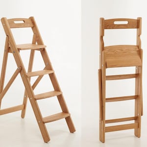 Compact Oak Folding Step Ladder | Wooden Step Stool | Kitchen & Library | Handmade Rustic Furniture | Multifunctional Home Decor