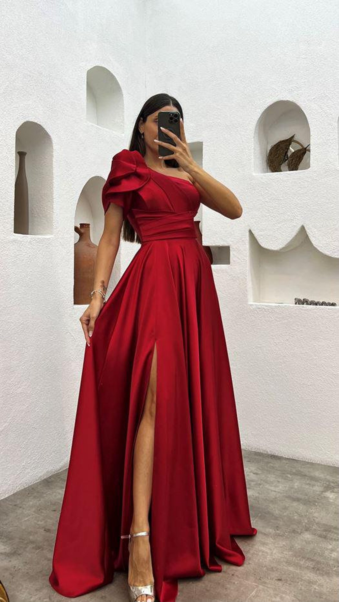 Trendy Red Satin One Shoulder A-line Evening Gown JTE874