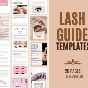 May include: A digital guide template for lash technicians, featuring 20 pages of content. The guide includes information on lash mapping, different lash styles, and a table of contents. The template is designed for use with Canva.