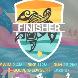 Op de afbeelding: Een kleurrijke evenementposter voor het Kona Hawaii Wereldkampioenschap. De poster toont een schildontwerp met een schildpaddengrafiek, het woord "FINISHER" en de datum 11 oktober 2025. Het bevat ook de afstanden voor zwemmen, fietsen en hardlopen en de tijd 8:28:27.