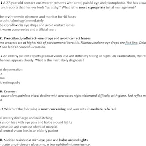 May include: A white document with black text presents three medical questions and answers related to eye conditions. The questions cover contact lens wearers, vision loss, and eye pain.