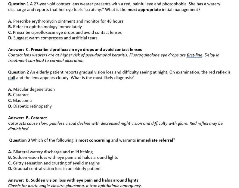 May include: A white document with black text presents three medical questions and answers related to eye conditions. The questions cover contact lens wearers, vision loss, and eye pain.