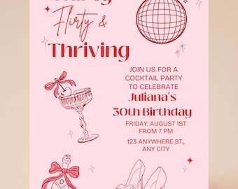 Invitación de cumpleaños "Treinta coquetas y prósperas": Cóctel rosa y rojo (descarga digital, plantilla Canva de 5 x 7 pulgadas)