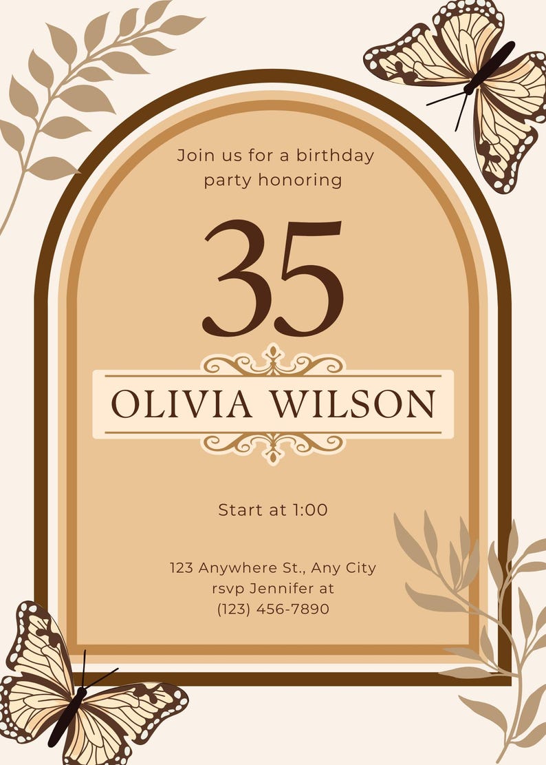Puede incluir: Invitaci&oacute;n de fiesta de cumplea&ntilde;os con fondo beige, marco arqueado marr&oacute;n y mariposas decorativas. La invitaci&oacute;n dice: "&Uacute;nase a nosotros para una fiesta de cumplea&ntilde;os en honor a 35 Olivia Wilson." Incluye detalles del evento.