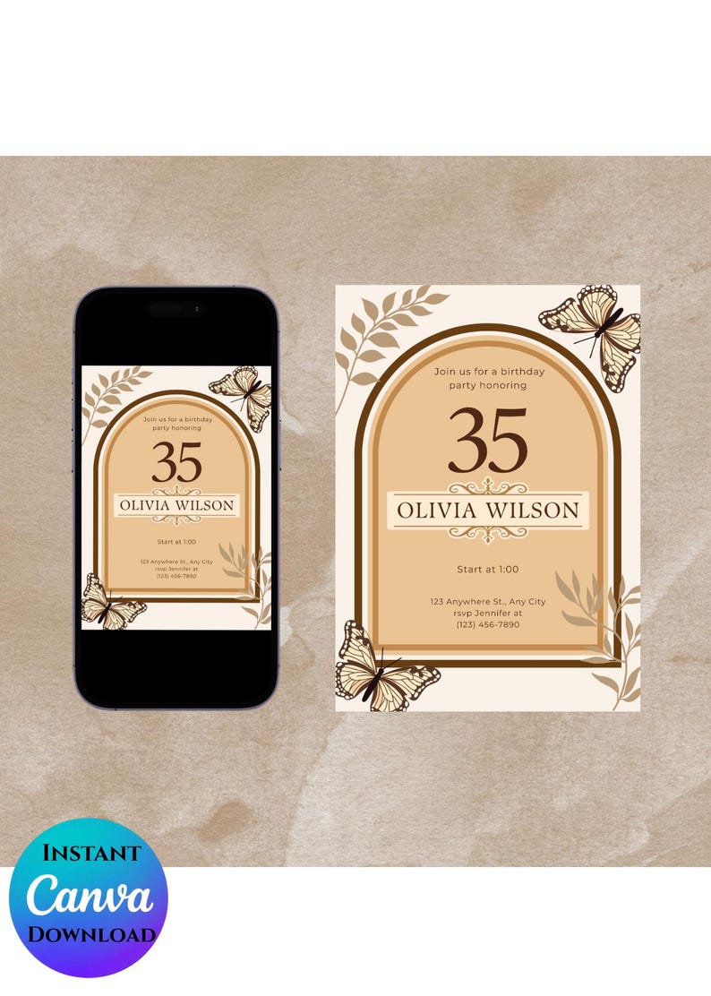 Puede incluir: Un dise&ntilde;o de invitaci&oacute;n de cumplea&ntilde;os con un arco beige con el n&uacute;mero 35 y el nombre Olivia Wilson. La invitaci&oacute;n incluye ilustraciones de mariposas y el texto "&Uacute;nase a nosotros para una fiesta de cumplea&ntilde;os". Un tel&eacute;fono inteligente muestra el mismo dise&ntilde;o.