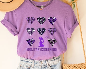 Camicia viola, maglietta per bambini militari del mese di aprile, maglietta per sensibilizzazione per bambini militari, camicia per figlia militare di supporto, camicia per figlio militare