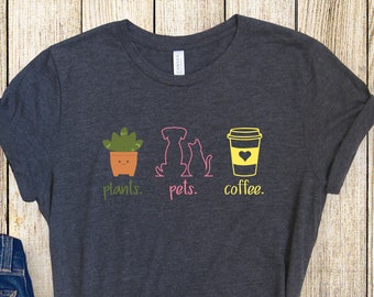 Pianta cane gatto camicia da caffè, maglietta carina amante delle piante, maglietta da giardinaggio, divertente maglietta da giardiniere, regalo per la festa della mamma, amante delle piante animali