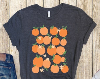 T-shirt Boho Orange Fruit, camicia vintage ombelico, t-shirt floreale mandarino, camicia con fiori selvatici, regalo per le donne, camicia di frutta, camicie estive